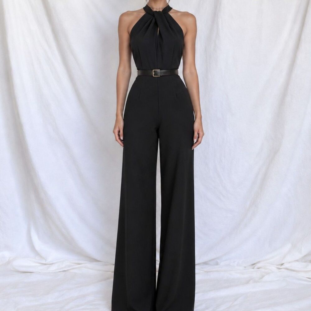 Vintage Y2K 90s Black Sleeveless Halter Wide Leg Jumpsuit Size M